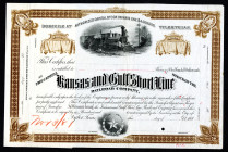 Kansas & Gulf Short Line Railroad Co., 1881 Unique Approval Proof Stock Certificate.