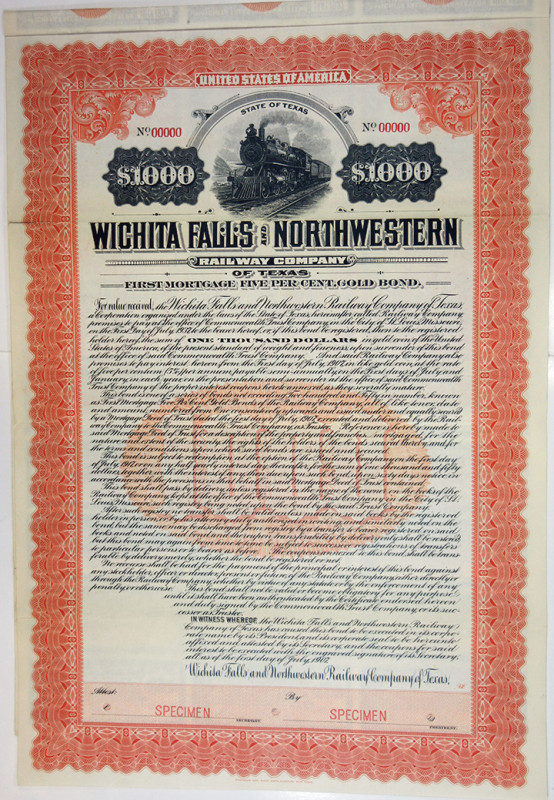 Texas. $1,000 Specimen 5% 1st Mortgage Gold Coupon Bond, Black print on orange b...