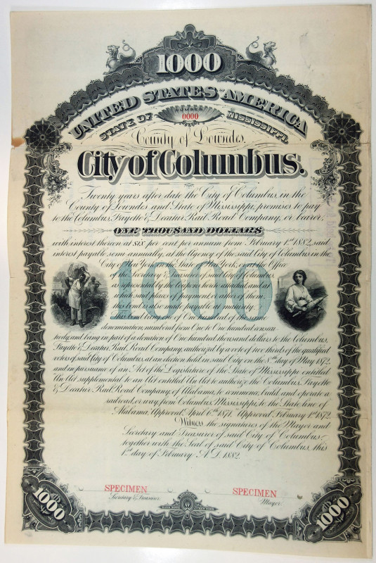 Columbus, Mississippi, $1000 Specimen 6% 20 Year bond, black printing with blue ...