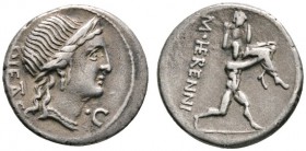 Römische Münzen 
 Römische Republik 
 M. Herennius 108-107 v. Chr. Denar -Rom-. Pietaskopf nach rechts, dahinter PIETAS, davor Kontrollmarke / Amphi...