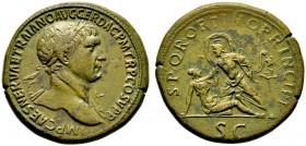 Römische Münzen 
 Kaiserzeit 
 Trajanus 98-117 
 Sesterz ca. 104/5-107 -Rom-. IMP CAES NERVAE TRAIANO AVG GER DAC P M TR P COS V P P. Belorbeerte u...