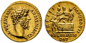 Römische Münzen 
 Kaiserzeit 
 Lucius Verus 161-169 
 Aureus 163/164 -Rom-. L VERVS AVG ARMENIACVS. Bloße Büste nach rechts / TR P IIII IMP II COS ...