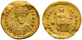 Römische Münzen 
 Kaiserzeit 
 Honorius 393-423 
 Solidus 408/420 -Thessaloniki-. D N HONORIVS P F AVG. Behelmte Panzerbüste mit Schild und geschul...