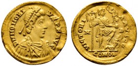 Römische Münzen 
 Kaiserzeit 
 Honorius 393-423 
 Solidus 395/402 -Mailand-. Ähnlich wie vorher. RIC 1206. 4,43 g. minimale Randverprägung, sehr sc...
