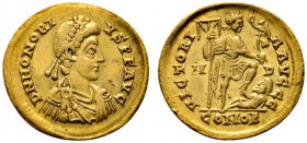 Römische Münzen 
 Kaiserzeit 
 Honorius 393-423 
 Solidus 395/402 -Mailand-. Ähnlich wie vorher. RIC 1206. 4,38 g. minimaler Kratzer auf dem Avers,...