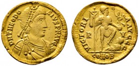 Römische Münzen 
 Kaiserzeit 
 Theodosius II. 402-450 
 Solidus um 420 -Ravenna-. D N THEODOSIVS P F AVG. Drapierte und gepanzerte Büste mit Diadem...