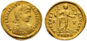 Römische Münzen 
 Kaiserzeit 
 Valentinian III. 425-455 
 Solidus 426/430 -Ravenna-. D N PLA VALENTINIANVS P F AVG. Drapierte und gepanzerte Büste ...