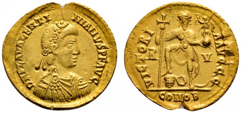 Römische Münzen 
 Kaiserzeit 
 Valentinian III. 425-455 
 Solidus 430/445 -Ra...
