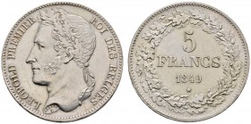 Ausländische Münzen und Medaillen 
 Belgien-Königreich 
 Leopold I. 1830-1865 
 5 Francs 1849. KM 3.2, Dav. 50 (dieser Jahrgang fehlt!). selten in ...