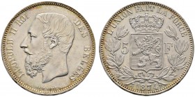 Ausländische Münzen und Medaillen 
 Belgien-Königreich 
 Leopold II. 1865-1909 
 5 Francs 1874. KM 24, Dav. 53. feine Patina, winzige Kratzer auf d...