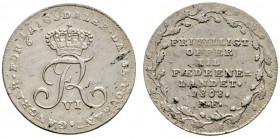 Ausländische Münzen und Medaillen 
 Dänemark 
 Frederik VI. 1808-1839 
 1/6 Rigsdaler 1808 -Altona-. Geprägt aus den Spenden der Kirchenschätze, so...