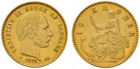 Ausländische Münzen und Medaillen 
 Dänemark 
 Christian IX. 1863-1906 
 10 Kroner 1873 -Kopenhagen-. Fr. 296, Schl. 69. 4,51 g. vorzüglich