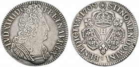 Ausländische Münzen und Medaillen 
 Frankreich-Königreich 
 Louis XIV. 1643-1715 
 Ecu aux trois couronnes 1709 -La Rochelle-. Gad. 229, Ciani 100,...