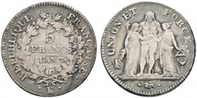 Ausländische Münzen und Medaillen 
 Frankreich-Königreich 
 Erste Republik 1792-1799 
 5 Francs L'AN 7 (1798/99) -Bordeaux-. Gad. 563, Dav. 1337. f...