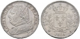 Ausländische Münzen und Medaillen 
 Frankreich-Königreich 
 Louis XVIII. 1814, 1815-1824 
 5 Francs (au buste habillé) 1814 -Paris-. Mit Randschrif...