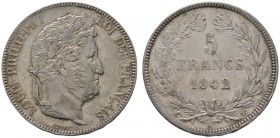 Ausländische Münzen und Medaillen 
 Frankreich-Königreich 
 Louis Philippe 1830-1848 
 5 Francs 1842 -Lille-. Gad. 678, Dav. 91. kleine Kratzer, vo...