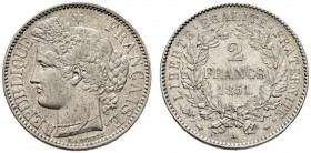 Ausländische Münzen und Medaillen 
 Frankreich-Königreich 
 Zweite Republik 1848-1852 
 2 Francs 1851 -Paris-. Gad. 522. leichte Tönung, vorzüglich...