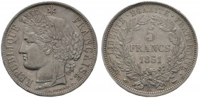 Ausländische Münzen und Medaillen 
 Frankreich-Königreich 
 Zweite Republik 1848-1852 
 5 Francs 1851 -Paris-. Gad. 719, Dav. 93. kleine Kratzer un...