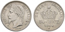 Ausländische Münzen und Medaillen 
 Frankreich-Königreich 
 Napoleon III. 1852-1870 
 50 Centimes 1864 -Straßburg-. Gad. 417. Prachtexemplar mit le...