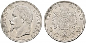 Ausländische Münzen und Medaillen 
 Frankreich-Königreich 
 Napoleon III. 1852-1870 
 5 Francs 1867 -Paris-. Gad. 739, Dav. 96. vorzüglich-prägefri...