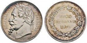 Ausländische Münzen und Medaillen 
 Frankreich-Königreich 
 Napoleon III. 1852-1870 
 Silberne Spottmedaille in 5 Francs-Größe 1870 unsigniert, auf...