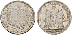 Ausländische Münzen und Medaillen 
 Frankreich-Königreich 
 Dritte Republik 
 5 Francs 1873 -Paris-. Gad. 745a, Dav. 92. Prachtexemplar mit feiner ...