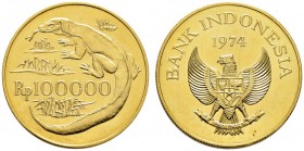 Ausländische Münzen und Medaillen 
 Indonesien 
 100.000 Rupiah 1974. Komodo-Waran. KM 41, Fr. 6. 30,0 g Feingold. prägefrisch