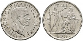 Ausländische Münzen und Medaillen 
 Italien-Königreich 
 Victor Emanuel III. 1900-1946 
 20 Lire 1927 (A. VI) -Rom-. Pagani 672. selten in dieser E...