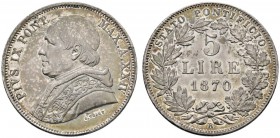 Ausländische Münzen und Medaillen 
 Italien-Kirchenstaat (Vatikan) 
 Pius IX. 1846-1878 
 5 Lire 1870 (AN XXIV) -Rom-. Berman 3337, Munt. 45a, Dav....