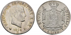 Ausländische Münzen und Medaillen 
 Italien-Königreich Napoleons 
 5 Lire 1808 -Mailand-. Pagani 26, Dav. 202. sehr selten in dieser Erhaltung, leic...