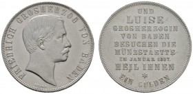 Altdeutsche Münzen und Medaillen 
 Baden-Durlach 
 Friedrich I. 1852-1907 
 Gedenkgulden 1857. Auf den Münzbesuch. AKS 135, J. 77. zaponiert, minim...
