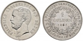 Altdeutsche Münzen und Medaillen 
 Baden-Durlach 
 Friedrich I. 1852-1907 
 Gulden 1867 auf das 2. Badische Landesschießen in Karlsruhe. AKS 138, J...