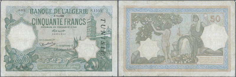 Algeria: Algeria 50 Francs 1936 with overprint TUNISIA P. 9, used with several f...