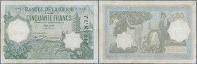 Algeria: Algeria 50 Francs 1936 with overprint TUNISIA P. 9, used with several folds and creases, stain in paper, pressed minor boreder tears and pinh...