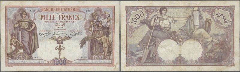 Algeria: 1000 Francs 1926 P. 83, used with folds and creases, center hole, sever...