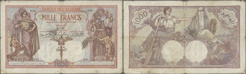 Algeria: set of 2 notes 1000 Francs 1926 & 1938 P. 83, used with folds and creas...