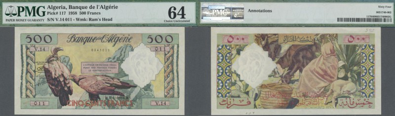 Algeria: 500 Francs 1958, P.117 in perfect condition, PMG graded 64 Choice Uncir...