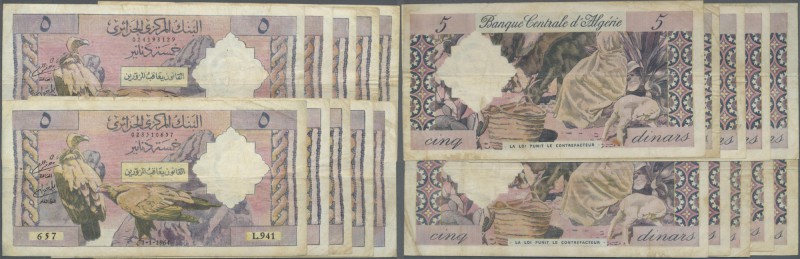 Algeria: set of 10 pcs 5 Dinars 1964 P. 122, all used with folds and creases but...