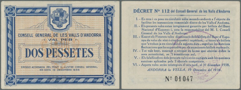 Andorra: 2 Pessetes 1936 P. 2, light center fold, paper irritation along left bo...