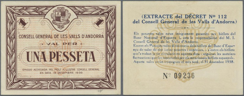 Andorra: 1 Pesseta 1936 P. 6, crisp paper, no holes or tears, light vertical ben...