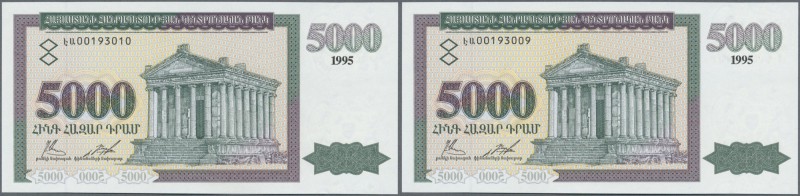 Armenia: set of 2 consecutive notes 5000 Dram 1995 P. 40 with serial numbers #00...
