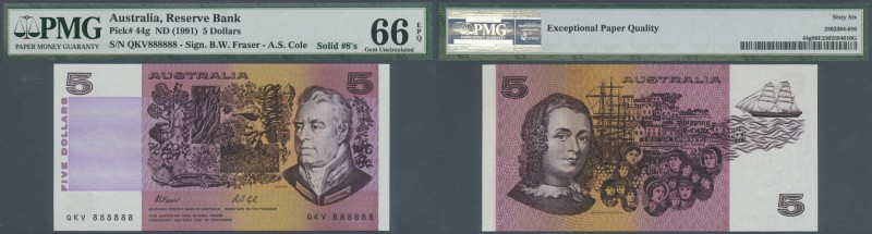 Australia: 5 Dollars ND(1991), P.44g with solid Number QKV 888888 PMG 66 Gem UNC...