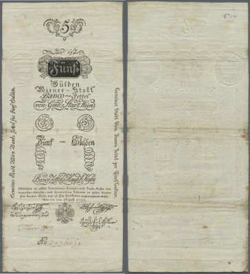 Austria: 5 Gulden 1796 P. A22a, rare issued note with 3 horizontal folds, light ...