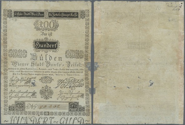Austria: Very rare high denomination 100 Gulden 1800 P. A35a, stronger used, sev...