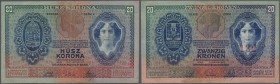 Austria: 20 Kronen 1907 P. 10, used with several folds and creases, minor center hole, no repairs, stamped ”132” on front, condition: F.