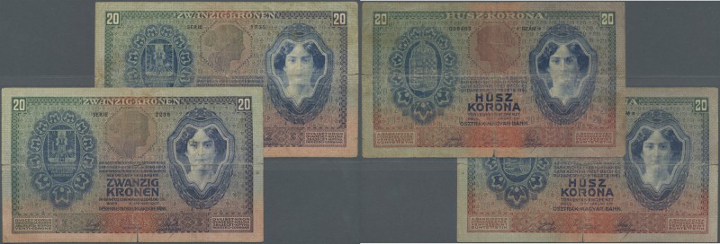 Austria: pair of the 20 Kronen 1907, P.10, both notes in well worn condition wit...