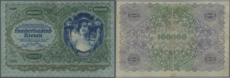 Austria: 100.000 Kronen 1922 P. 81, used with strong vertical and horizontal fol...