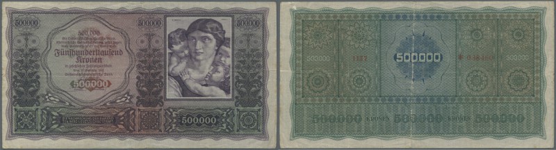 Austria: 500.000 Kronen 1922 P. 84, used with several folds and creases, stronge...
