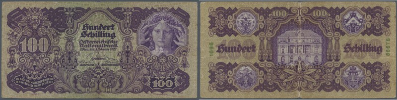 Austria: 100 Schilling 1927 P. 97, used with stronger center fold, center hole, ...