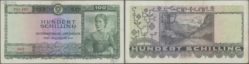 Austria: 100 Schilling 1947, P.124, lightly stained paper with vertical fold and...